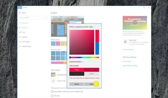 aggiornamento dei creatori di Windows 10 per la selezione dei colori