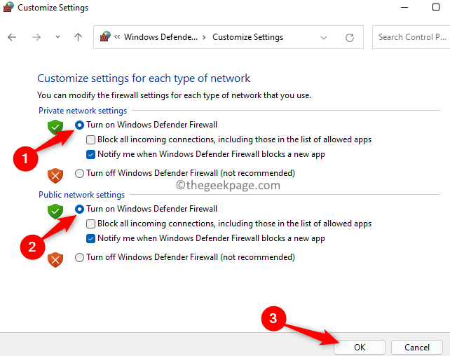 Windows Defender ugunsmūris Ieslēgt privāto publisko min