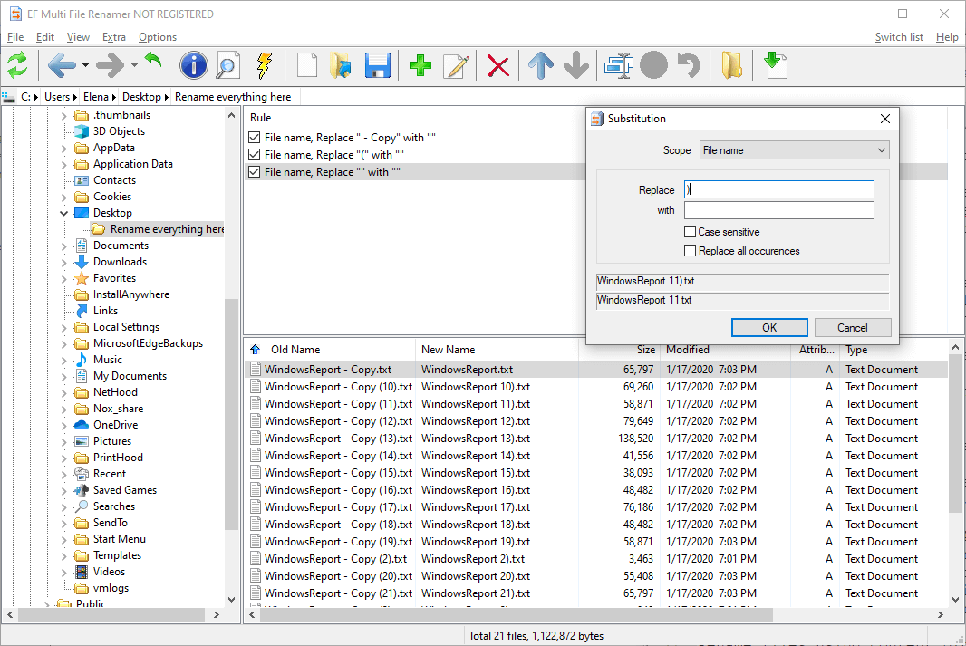 Hlavné okno EF Multi File Renamer