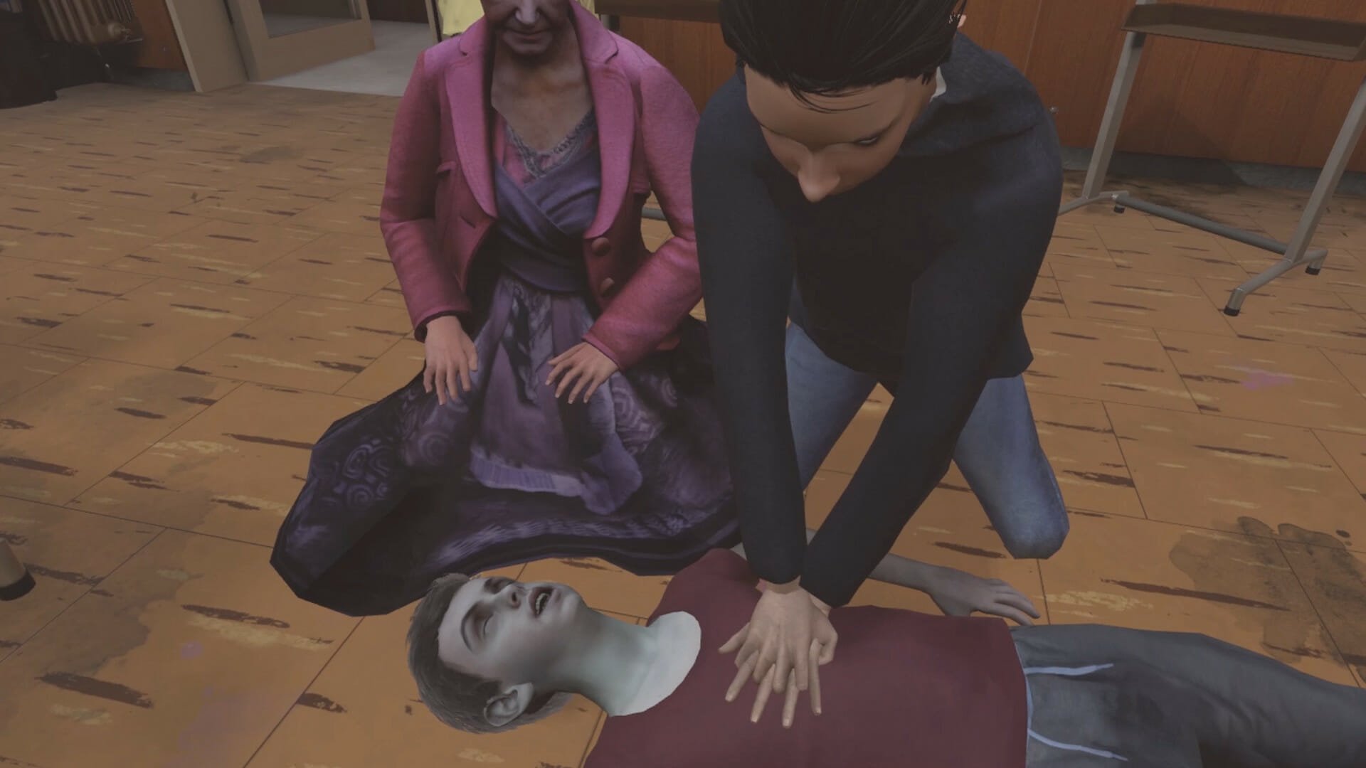 男性がゲーム内で CPR を行っている