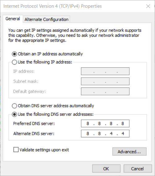 Paramètres du serveur DNS pics Ethernet dans le gestionnaire de tâches