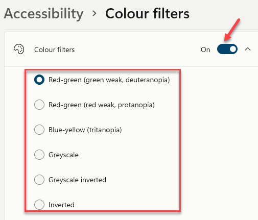 Accesibilitate Filtre de culoare Selectați din lista de filtre presetate Min