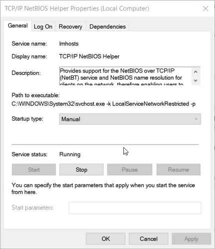TCP / IP NetBIOS Helper Properties -ikkunatapahtuman tunnus 7023 Windows 10