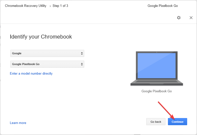 spustelėdami tęsti „Chromebook“ atkūrimo priemonę