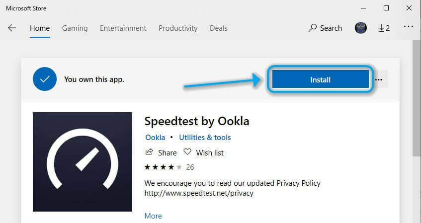 Ookla의 Windows 10 Store 앱 Speedtest