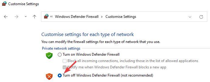 Disattiva Windows Defender Firewall