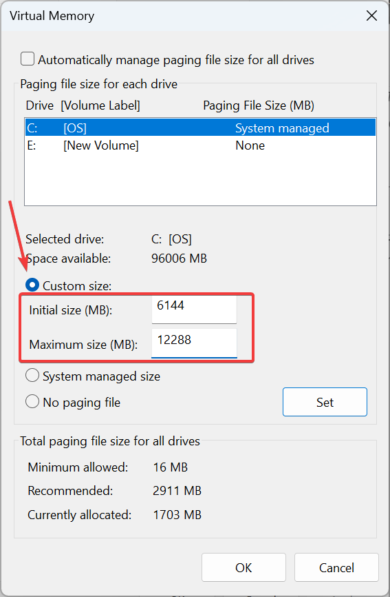 aumentar a memória virtual para corrigir o atraso do teclado no Windows 11