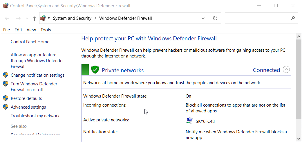 ارتفاع إيثرنت جدار حماية Windows Defender في مدير المهام