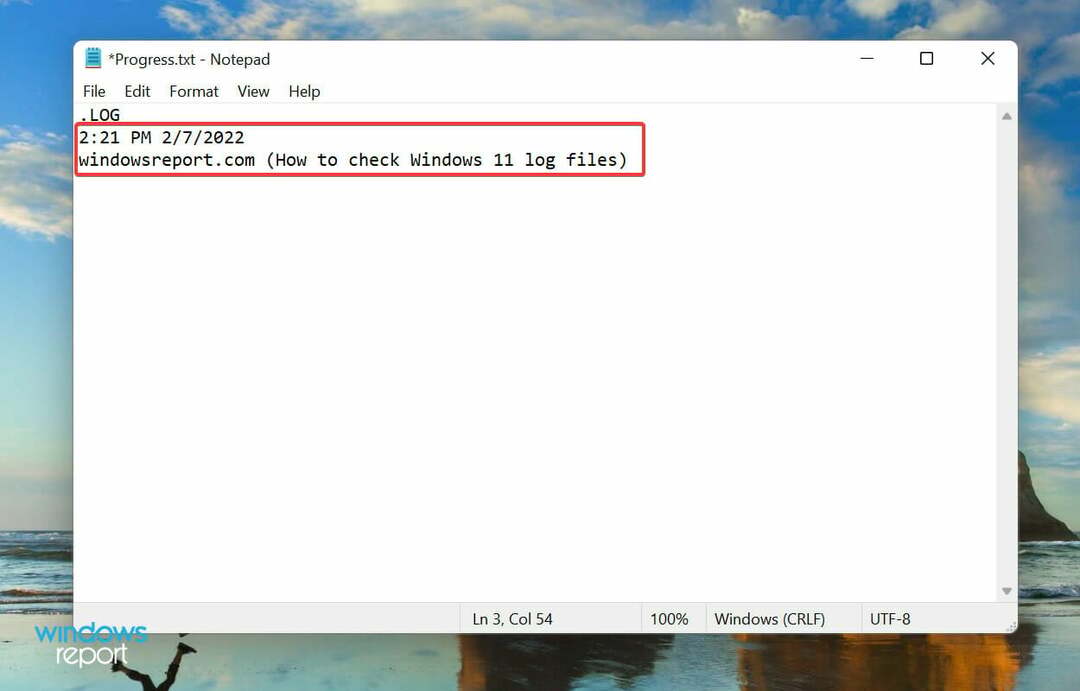Digita il file di registro per creare i registri degli errori di Windows 11