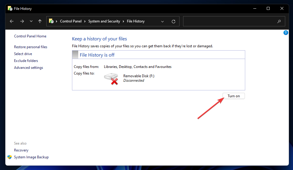 Die Option zum Aktivieren von Windows 11-Dateiverlauf