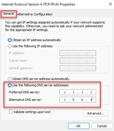 Interneto protokolo 4 versijos ypatybės Bendra Išbandykite kitą pageidaujamą DNS serverio alternatyvų DNS serverį