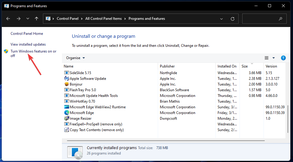 Включение или отключение функций Windows Ошибка обновления Windows 11 0x800f0922