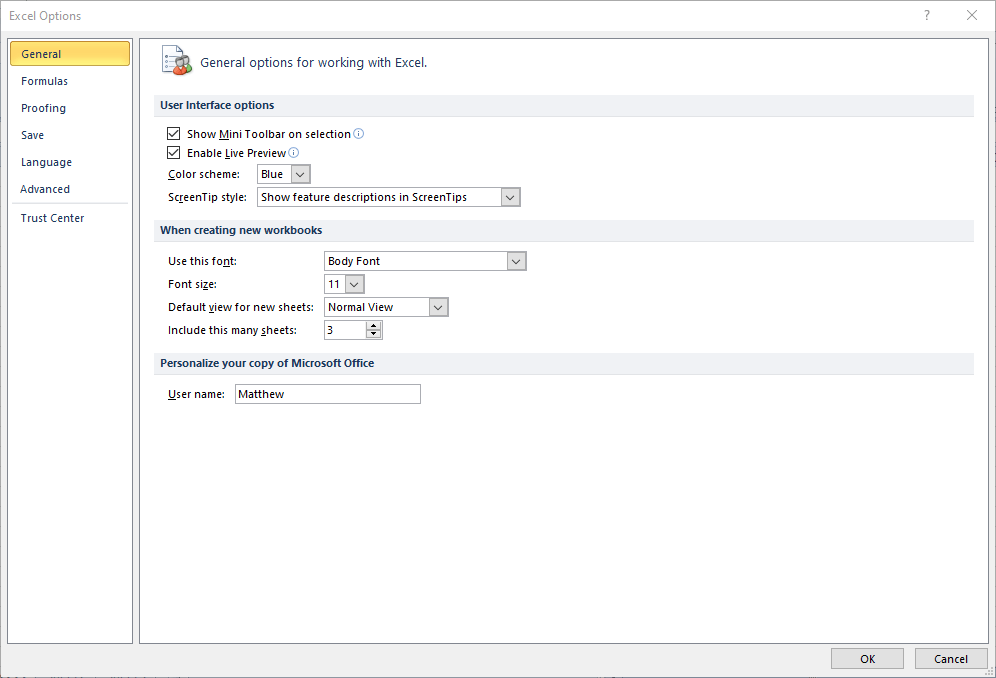 La fenêtre Options Excel récupère un fichier excel non enregistré
