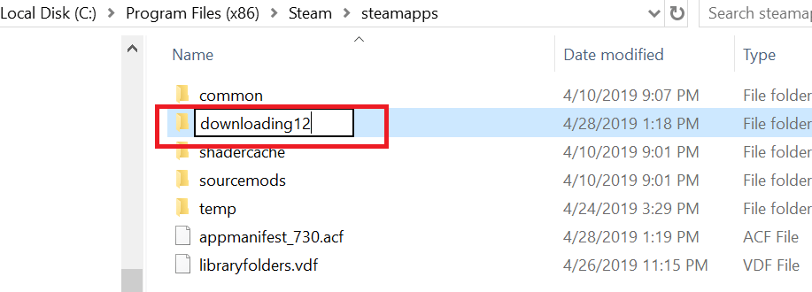 SteamAppsfodlerの名前をDownloading12に変更