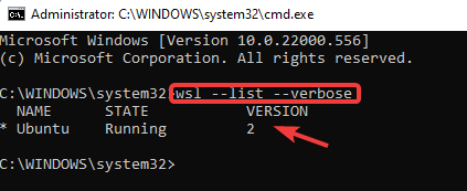 Kör kommandot för att kontrollera WSL-versionen i cmd