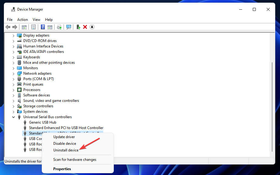 Opcijai Atinstalēt ierīci Windows 11 nepietiek USB kontrollera resursu