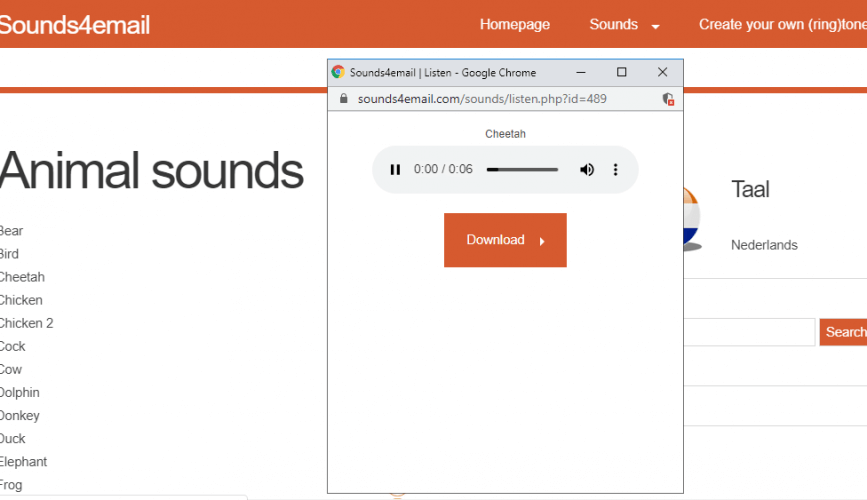 Sounds4email-verkkosivuston latausnäkymät muistuttavat ääniä