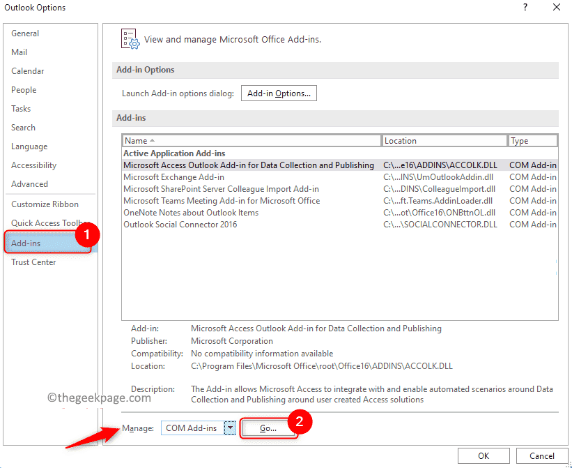 Опции на Outlook Добавяне на Ins Управление на Com Add Ins Мин. 1