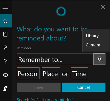 nustatykite „Cortana“ priminimo „Windows 10“ peržiūrą