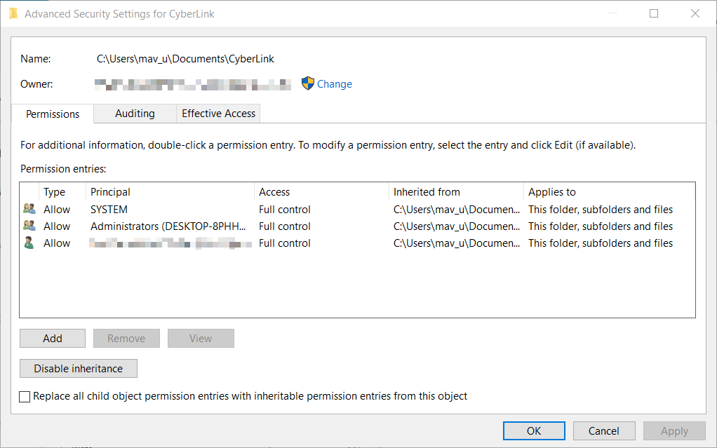 Okno Pokročilé nastavení zabezpečení Položka Řízení přístupu je ve Windows poškozená