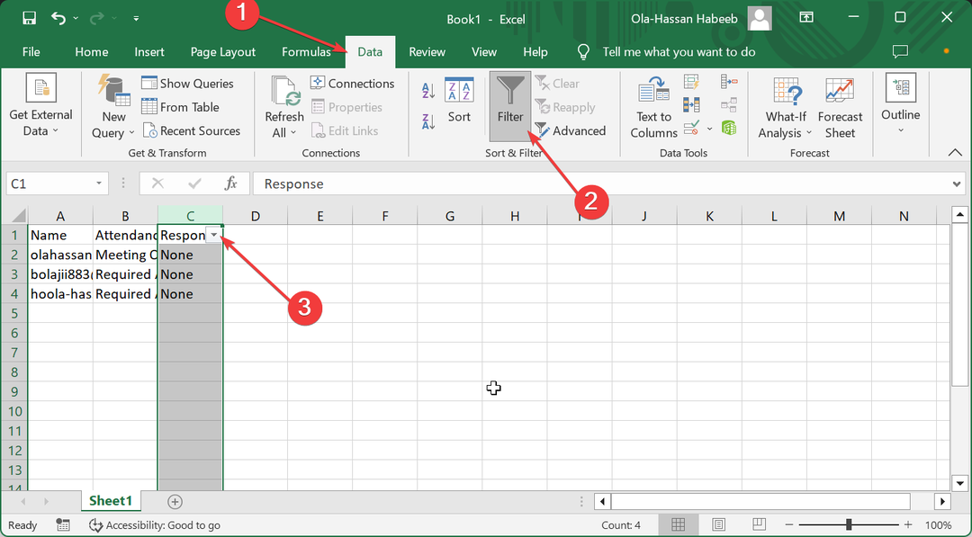 datu filtrs, kā kopēt dalībniekus no Outlook sapulces