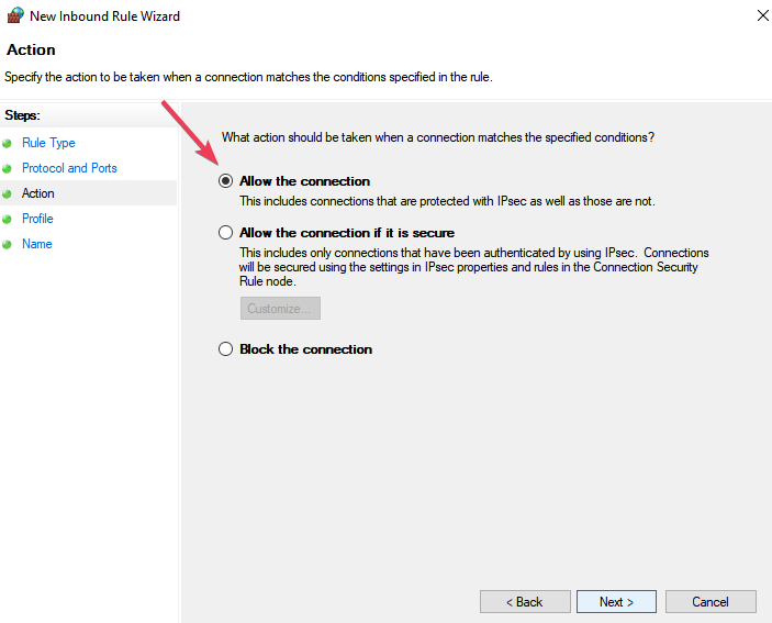 Windowsファイアウォールポートは接続を許可します