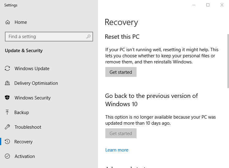 ponastavitev izvajanja strežnika Windows 10 ni uspela