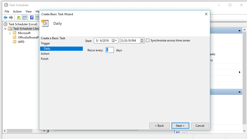 Windows에서 1 일마다 작업 스케줄러 일정 배치 파일 반복