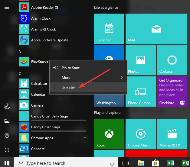 Odstrani program Start meni Windows 10