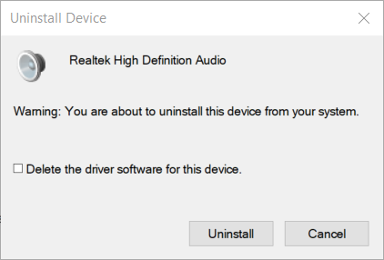 Problema del driver audio generico della finestra del dispositivo di disinstallazione