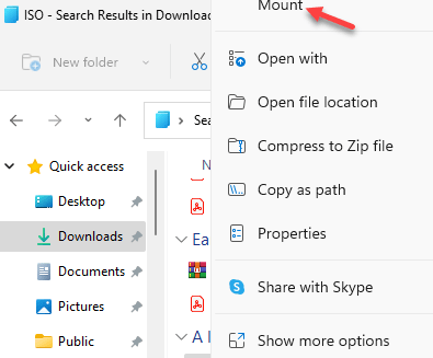 Siirry Windows 11: n iso -tiedoston sijaintiin Napsauta hiiren kakkospainikkeella Mount Min