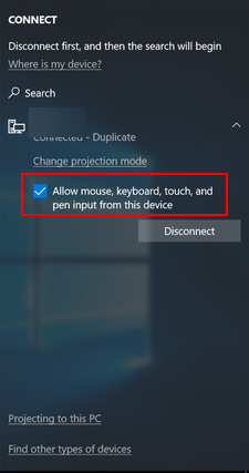Atļaut peles tastatūras pieskārienu — Windows 10 apraide uz televizoru