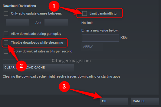 Ajustes de Steam Restricciones de descarga Desmarque Limit Bandwidth Min