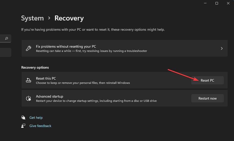 Opțiunea Reset PC ntfs file system error windows 11