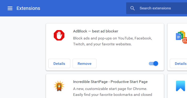 Vahekaart Laiendused Adblocki keelamine Chrome'is, Firefoxis, Edge'is