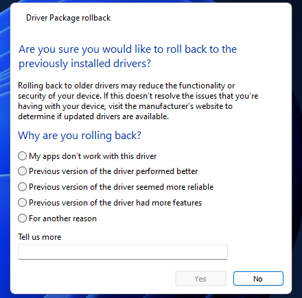 välj en anledning till att du vill återställa drivrutinen för Windows 11