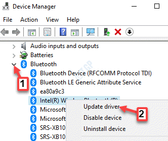 „Device Manager“ „Bluetooth“ „Bluetooth“ įrenginys Dešiniuoju pelės mygtuku spustelėkite Atnaujinti tvarkyklę