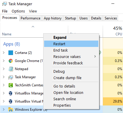Käynnistä Windows Explorer Min uudelleen