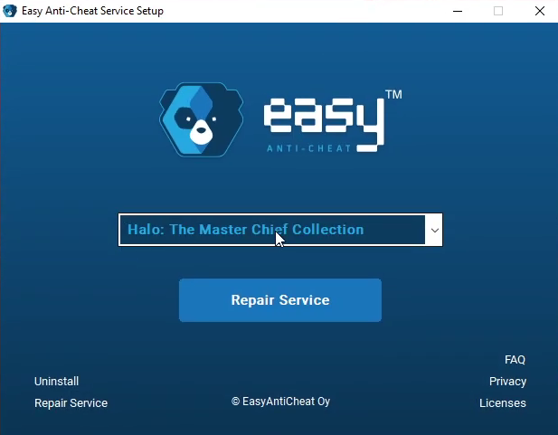 „Easy Anti-Cheat Service“ sąrankos langas „halo mcc“ klaida netinkamas žaidimo vykdomasis failas