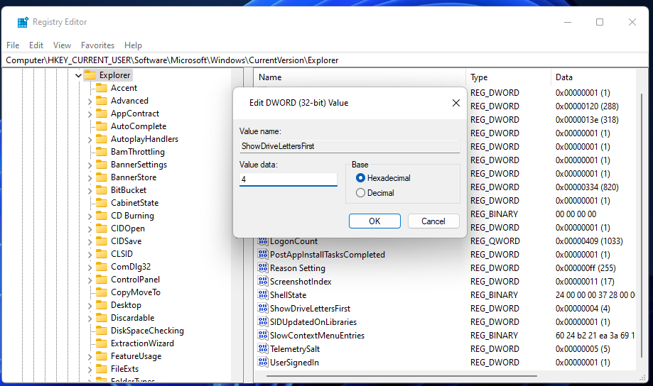 DWORD-i redigeerimise aken draivitähe muutmine Windows 11