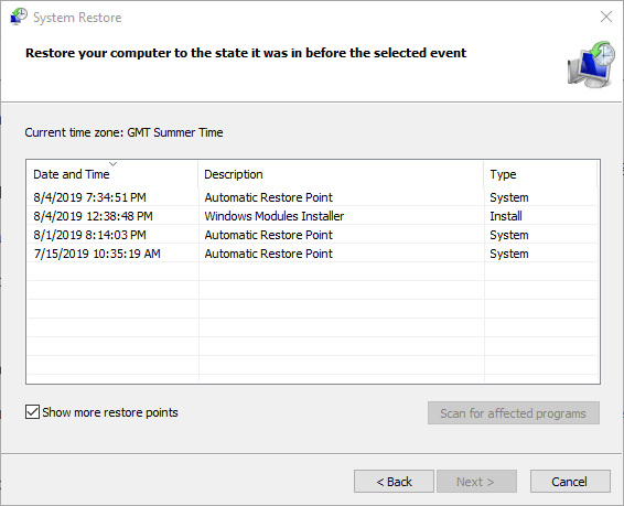 Mostrar mais opções de pontos de restauração Windows Update Error Code 9c48