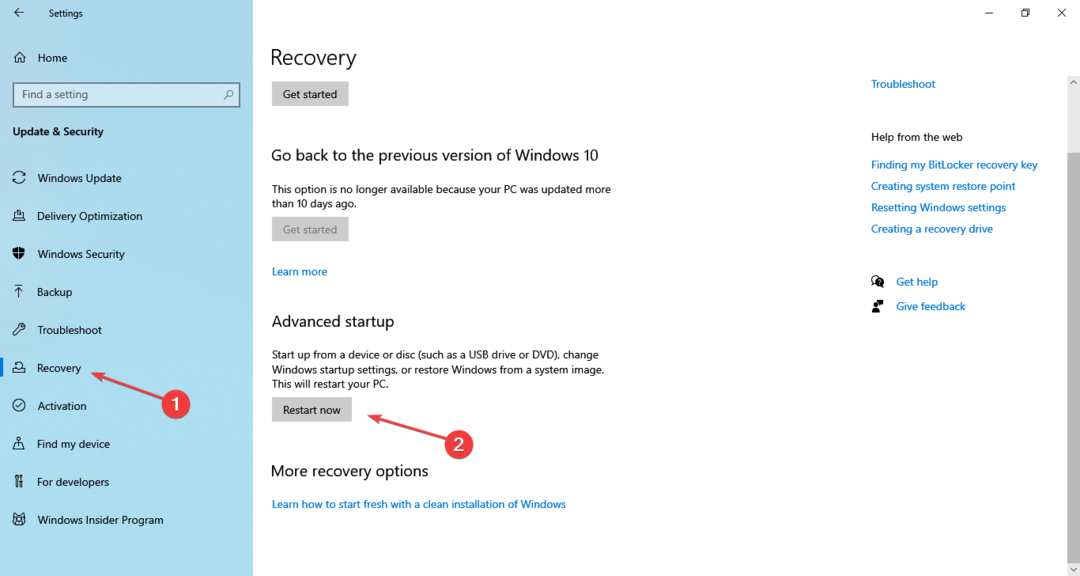 riavvia ora за достъп до всички модалности на ripristino на Windows 10