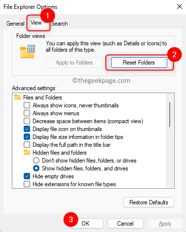 Опции на File Explorer Нулиране на папки Мин