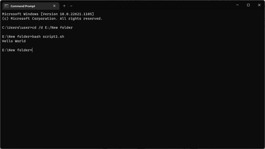 Bash output cmd -Hello world output -Enter -shell script per Windows