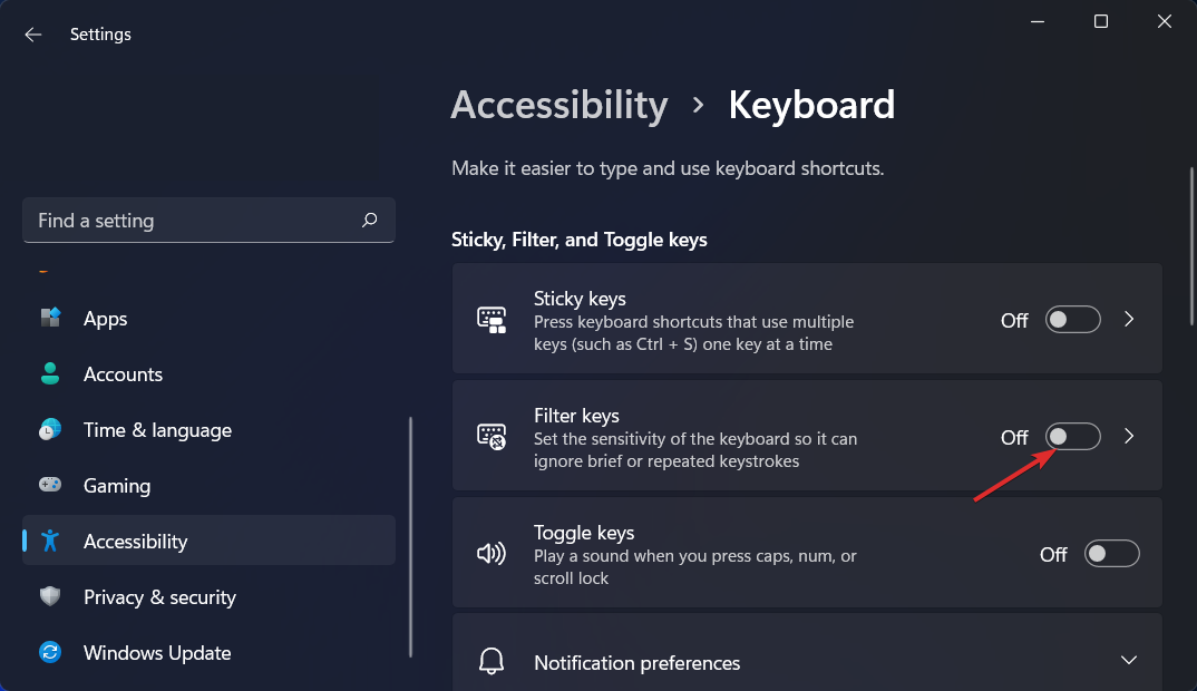 filter-keys tasto windows non funzionante windows 11
