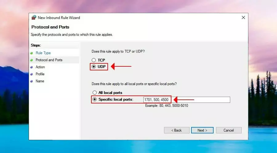 Windows फ़ायरवॉल पर L2TP के लिए खुले पोर्ट