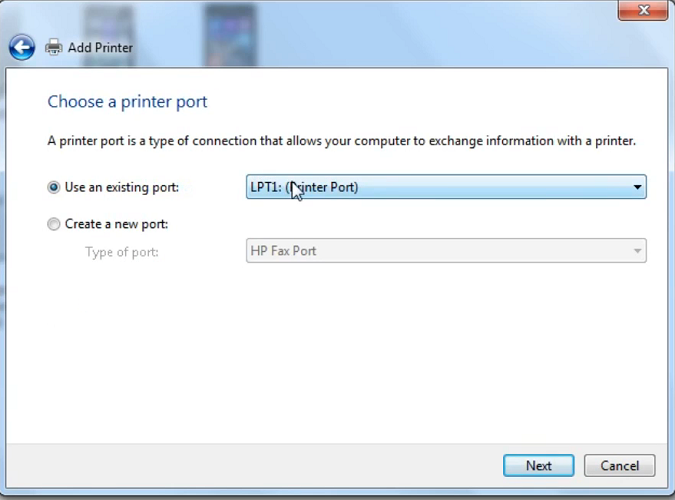 Verwenden Sie eine vorhandene Anschlussoption Installieren Sie die Druckertreiber Windows 7