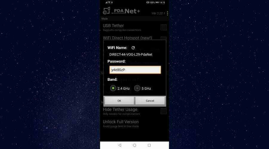 Ενεργοποίηση πρόσδεσης WiFi στην εφαρμογή PdaNet +