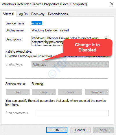 Windows Defenderin palomuurin ominaisuudet Yleinen käynnistystyyppi Ei käytössä Käytä OK