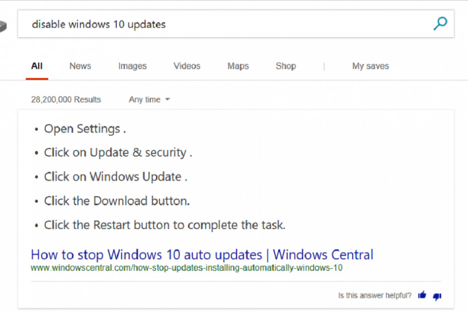 Cerca "Disabilita l'aggiornamento di Windows 10" su Bing e assisti alla magia